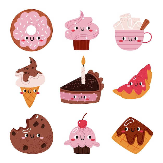 Conjunto de adorables personajes de postre con caras Croissant cacao malvavisco helado pastel de pastel de tarta galletas de waffle chocolate