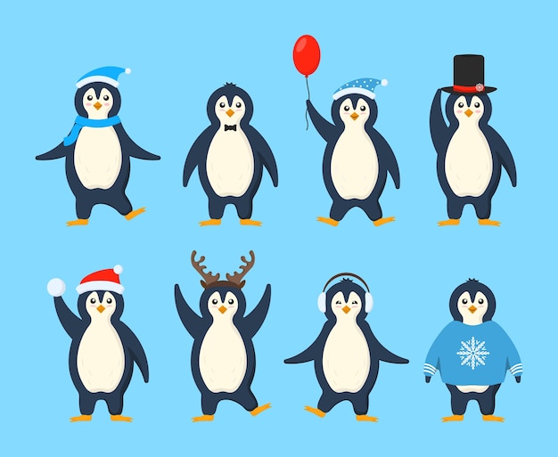 Conjunto de adorables pingüinos con ropa de invierno y sombreros. colección de animales divertidos personajes árticos de dibujos animados en ropa de abrigo. postal para navidad y año nuevo. imagen en estilo plano de dibujos animados.