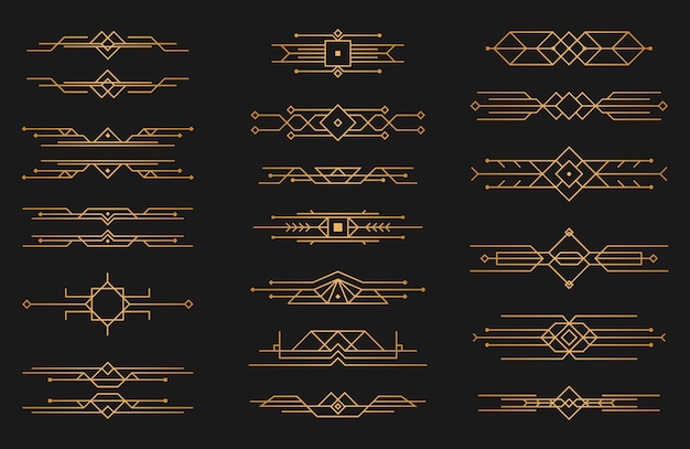 Conjunto de adornos de borde de marco Art Deco Diseño vintage de oro geométrico Patrón decorativo lujoso Vector