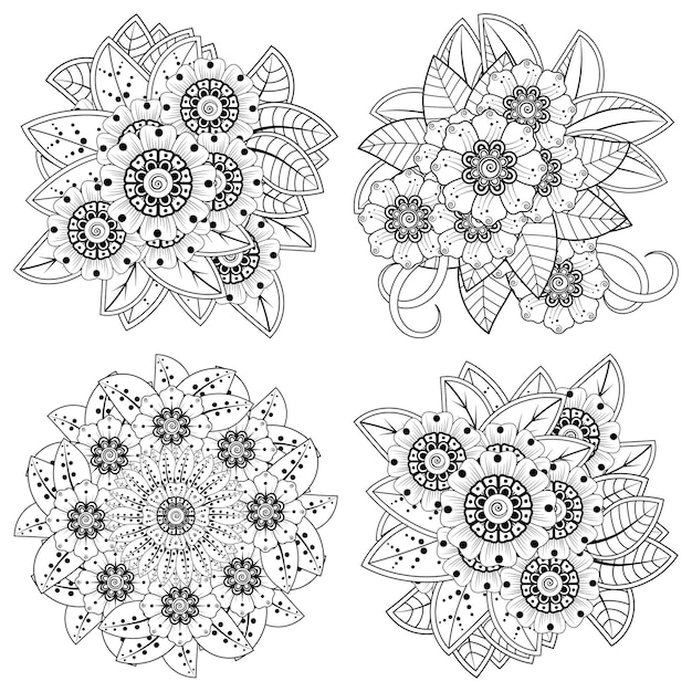 Vector conjunto de adornos decorativos de flores mehndi en estilo étnico oriental doodle adorno contorno mano dra