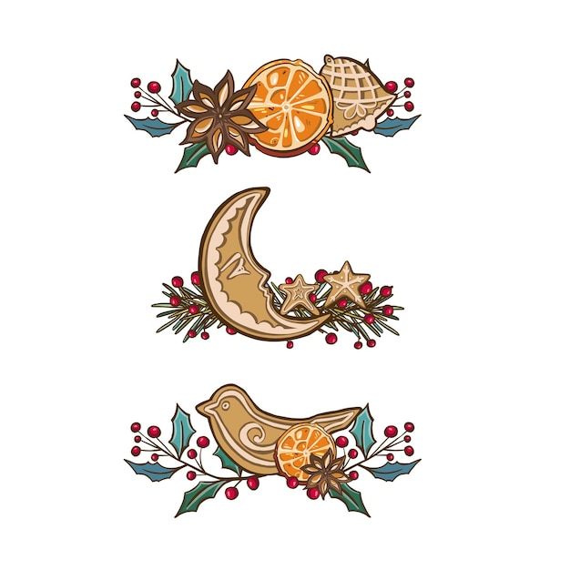 Conjunto de adornos decorativos navideños ilustración de cono de abeto