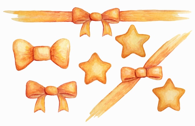 Conjunto de adornos dorados para el nuevo año. Arcos amarillos y estrellas en un estilo de ilustración de acuarela