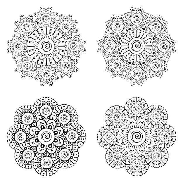 Conjunto de adornos florales Mehndi en estilo étnico oriental para colorear página de libro