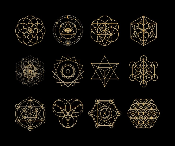Vector conjunto de adornos de geometría sagrada, semilla de vida, flor de vida, merkaba, toro, cubo de metatrón