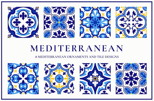 Conjunto de adornos mediterráneos y azulejos de cerámica