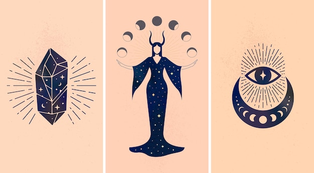 Conjunto de adornos místicos negros representados sobre fondo beige como símbolos de magia y astrología
