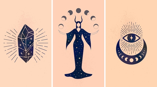 Vector conjunto de adornos místicos negros representados sobre fondo beige como símbolos de magia y astrología