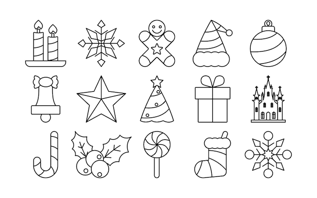 conjunto de adornos de Navidad línea iconos como caja de regalos estrella piruleta árbol de Navidad sombrero de Papá Noel