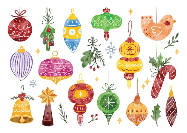Conjunto de adornos navideños en acuarela Ilustración vectorial de estilo