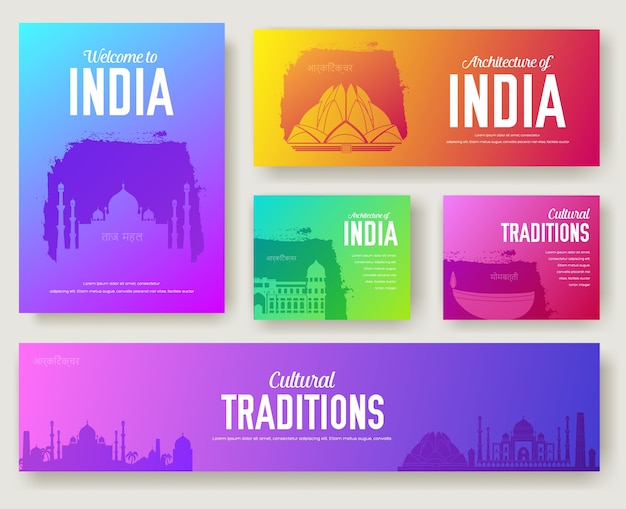Conjunto de adornos de países y monumentos culturales de la india. arte tradicional, libro, cartel, abstracto.