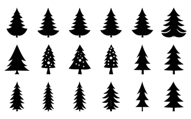 Conjunto de adornos de silueta de árboles de Navidad negros ilustración aislada sobre fondo blanco