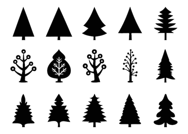 Conjunto de adornos de silueta de árboles de Navidad negros ilustración aislada sobre fondo blanco
