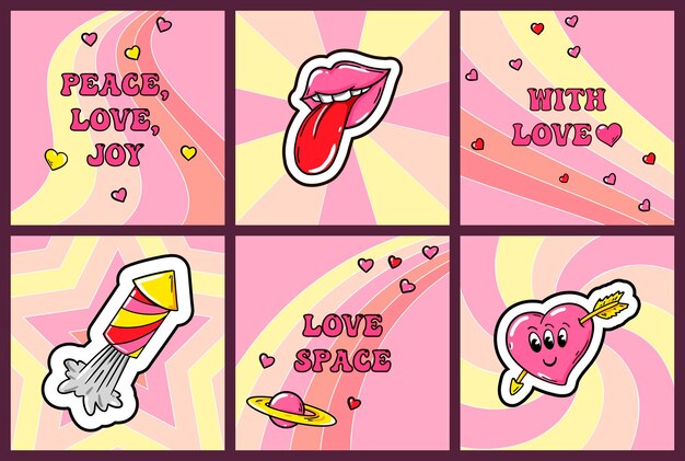 Conjunto de afiches cuadrados de amor de moda con lindas ilustraciones cómicas. Diseño vectorial maravilloso.