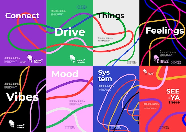 Vector conjunto de afiches o cubiertas de colores brillantes creativos minimalistas con formas lineales dinámicas para la fiesta del festival. ilustración vectorial