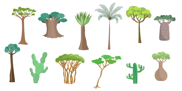 conjunto, de, africano, árboles y plantas, vector