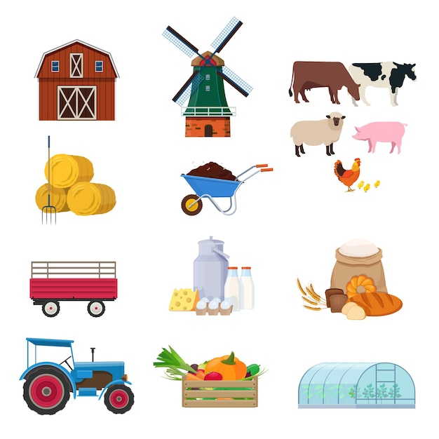 Conjunto agrícola con edificios agrícolas que transportan productos y equipos de animales.