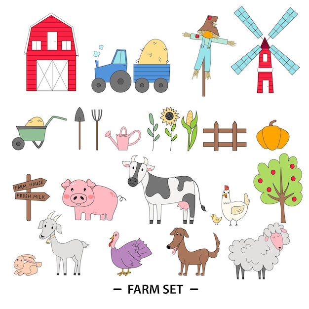 Vector conjunto de agricultores conjunto de iconos vectoriales de edificios rurales de granja con animales verduras granja tractor valla de molino de viento producto local concepto de agricultura y agricultura vida del pueblo