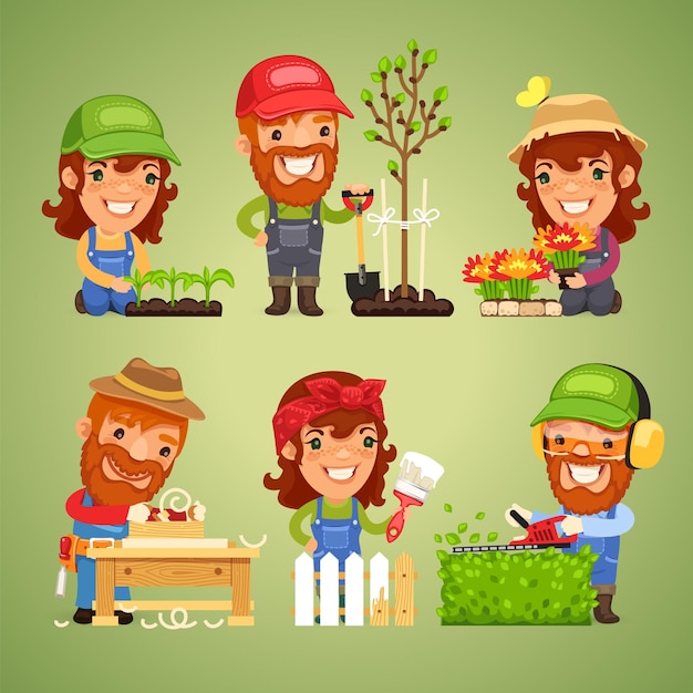 Vector conjunto de agricultores en el trabajo de primavera