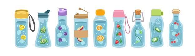 Conjunto de agua de desintoxicación Colección de agua infundida Botella de diferentes formas Agua con sabor