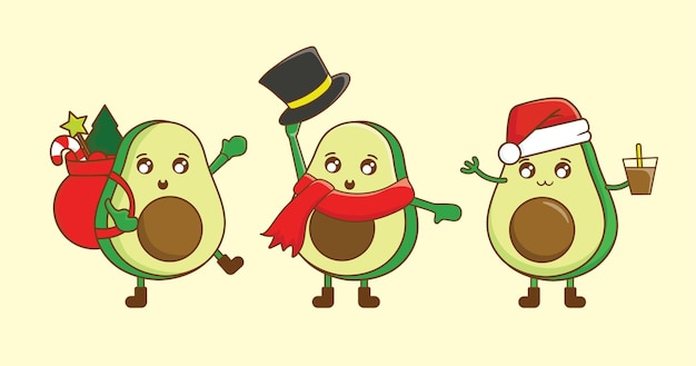 Conjunto de aguacate divertido feliz navidad tarjeta de felicitación vector ilustración