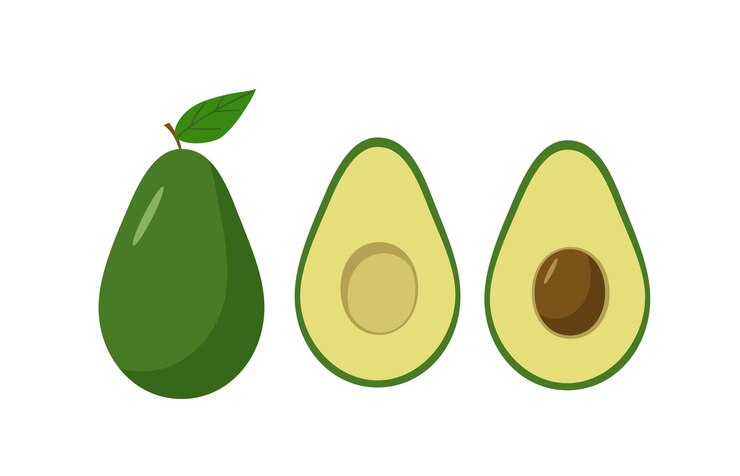 Conjunto de aguacate entero y mitades con un hueso Ilustración vectorial de fruta fresca de aguacate