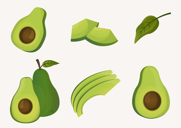 Conjunto de aguacate con hojas fruta en ilustración de estilo de dibujos animados