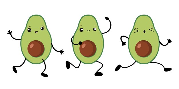 Un conjunto de aguacates al estilo de kawaii Frutas de aguacate en un diseño plano Vector