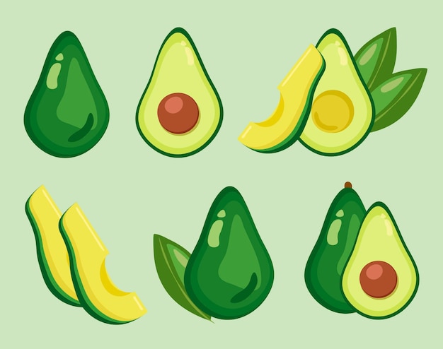 Conjunto de aguacates frescos vectoriales con hojas aisladas en el fondo ilustración de dibujos animados lindo