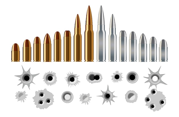 Vector conjunto de agujeros de bala y tipos de munición de pistola de rifle en color dorado y plateado.