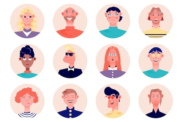 Vector conjunto aislado de avatares de personas emoji hombres y mujeres expresan diferentes emociones faciales como la sonrisa