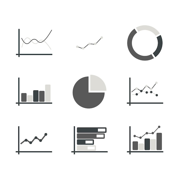 Conjunto aislado de bloques negros con gráficos de líneas, circulares e histogramas para empresas e infografías