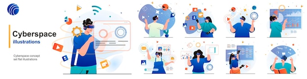 Conjunto aislado del ciberespacio juegos de tecnología de realidad virtual y educación de escenas en diseño plano