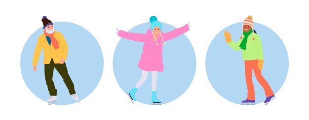 Conjunto aislado de composición de íconos redondos con adultos felices y niños personajes de dibujos animados patinando sobre hielo en la pista de patinaje urbana disfrutando de la ciudad actividades deportivas de recreación durante las vacaciones de invierno