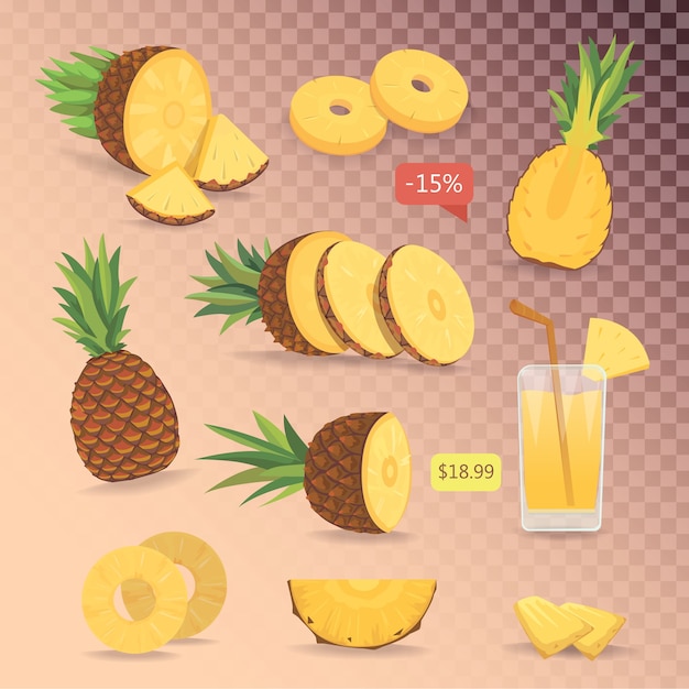 Conjunto aislado de dibujos animados de piñas lindas. Colección de piña en rodajas en cuadrícula.