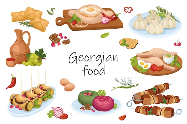 Conjunto aislado de elementos de comida georgiana. Paquete de platos tradicionales de Georgia: khachapuri en pan, khinkali, pasteles planos, barbacoa, postres, vino y otros. Ilustración de vector de diseño plano de dibujos animados