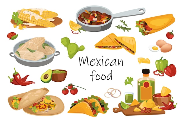 Conjunto aislado de elementos de comida mexicana. paquete de comidas tradicionales: burrito, tacos, guacamole, platos o ingredientes de carne y verduras, tequila y otros. ilustración de vector de diseño plano de dibujos animados