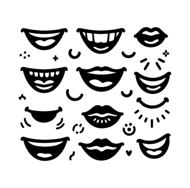 Conjunto aislado de expresión de cara de doodle de dibujos animados lindo de sonrisa de boca de estilo retro