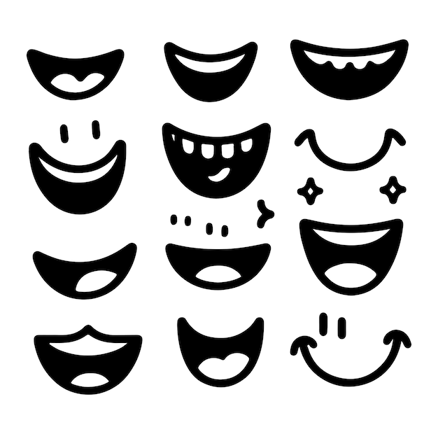Conjunto aislado de expresión de cara de doodle de dibujos animados lindo de sonrisa de boca de estilo retro