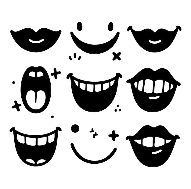 Conjunto aislado de expresión de cara de doodle de dibujos animados lindo de sonrisa de boca de estilo retro