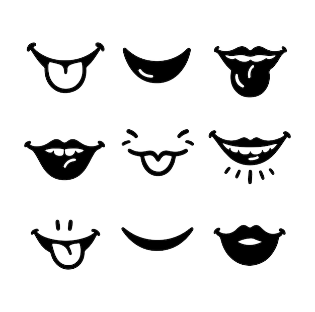 Conjunto aislado de expresión de cara de doodle de dibujos animados lindo de sonrisa de boca de estilo retro
