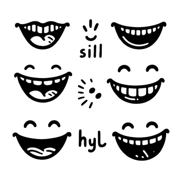 Conjunto aislado de expresión de cara de doodle de dibujos animados lindo de sonrisa de boca de estilo retro