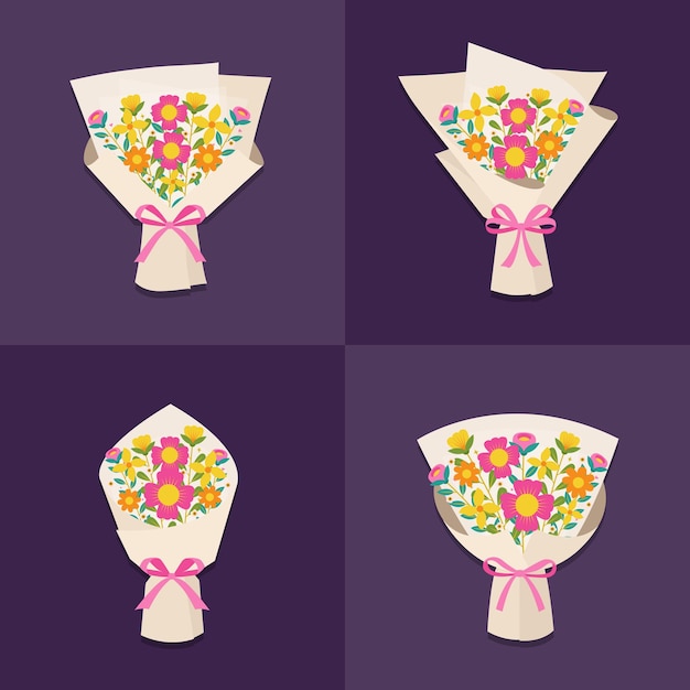 Conjunto aislado de flores rosadas y naranjas con cinta