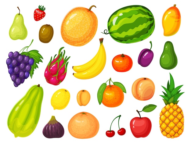 Conjunto aislado de frutas de dibujos animados