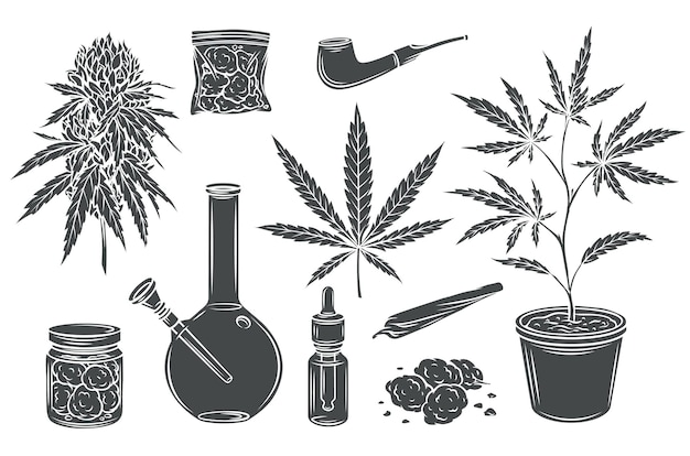 Conjunto aislado de glifo monocromo de marihuana, hojas y semillas de cáñamo, cogollos de cannabis.