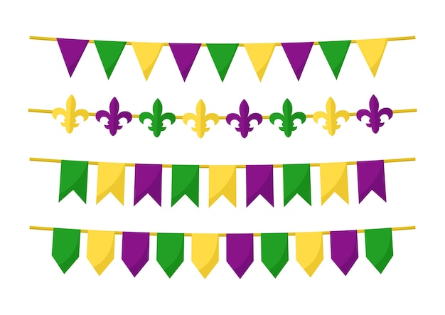 Conjunto aislado de guirnaldas Vector Mardi Gras. Conjunto de dibujos animados de Burgee para la decoración del martes de carnaval