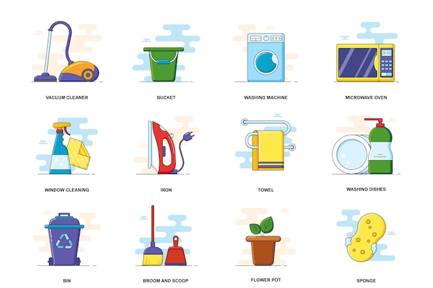 Conjunto aislado de iconos de línea plana de trazo de concepto web de hogar Elementos de limpieza