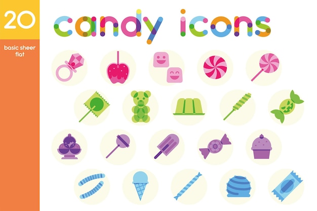 Conjunto aislado de iconos planos transparentes de caramelos de colores vector