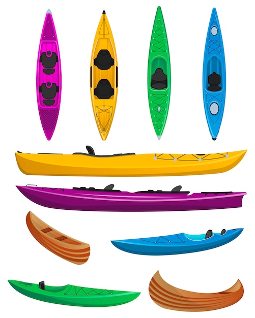 Conjunto aislado de kayaks coloridos de plástico