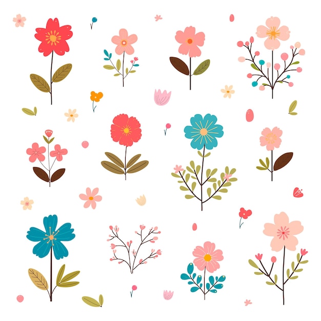 Conjunto aislado de lindas flores y hojas de primavera en estilo plano Diseño para embalajes de telas y textiles
