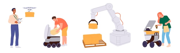 Conjunto aislado de personajes de dibujos animados de personas usando tecnología de control remoto de brazo robótico para la entrega de paquetes y pedidos de alimentos Ilustración vectorial del futuro suministro de almacén y servicio de equipos de drones